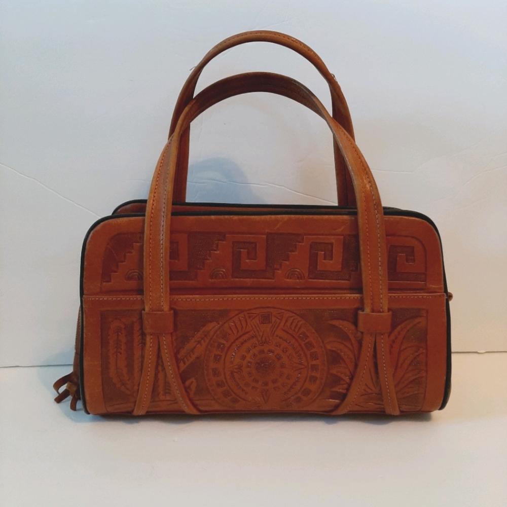 VTG INCAN SUNDIAL HAND TOOLED LEATHER BAG